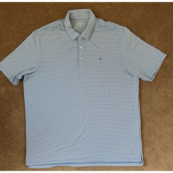 Vineyard Vines Men’s Polo Shirt XXL Blue White Stripe Performance Stretch Whale - Picture 10 of 15